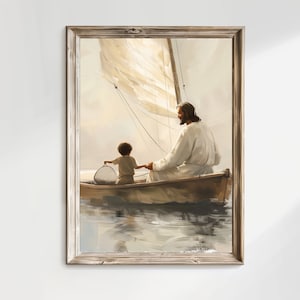 May include: A framed print showing a figure in white robes and a child in a boat on water. The figure holds the child's hand, with a sail in the background. The artwork is presented in a wooden frame.
