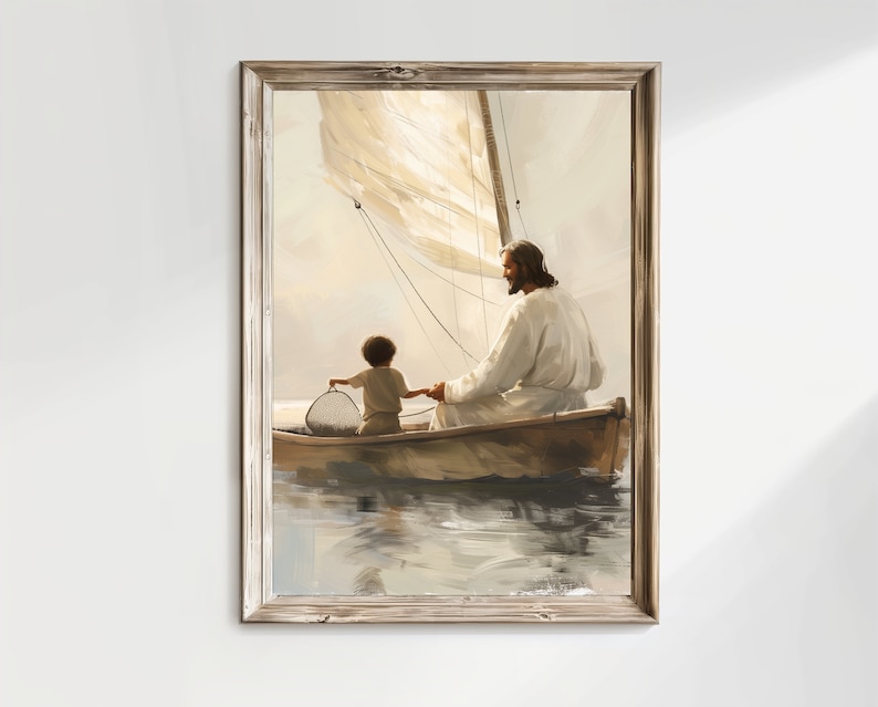 May include: A framed print showing a figure in white robes and a child in a boat on water. The figure holds the child's hand, with a sail in the background. The artwork is presented in a wooden frame.
