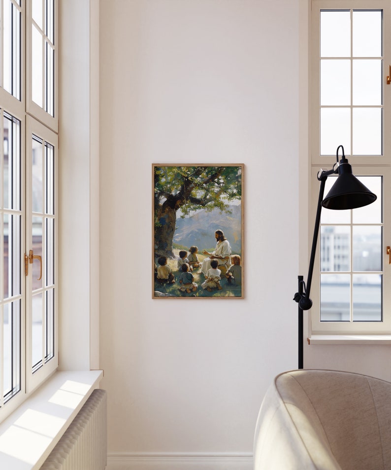 May include: A painting of Jesus teaching a group of children under a tree. The painting is in a wooden frame and is hanging on a white wall.