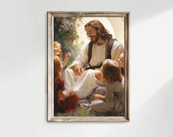 Laughing with Children Digital Download Jesus Christ Laughing Poster Painting Wall Art Gift Trendy  Kids Laughing Christian Home Decor