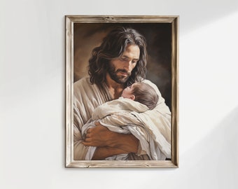 Jesus Christ Holding Infant Art Print, Comforting Newborn (Digital Download)