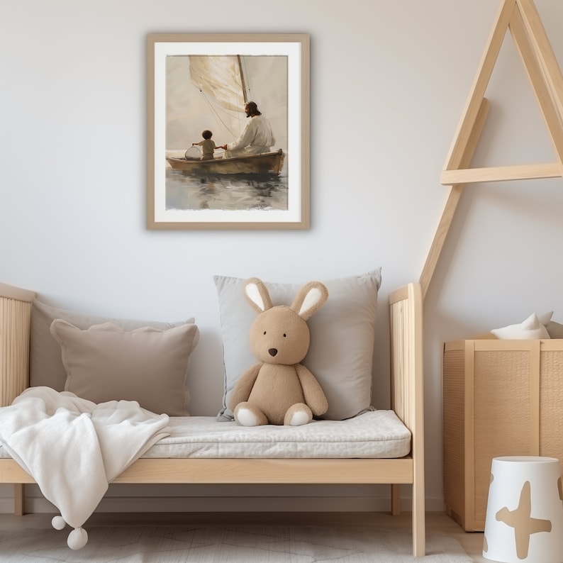 May include: A framed watercolour print shows a figure in white robes with a child in a small sailboat. The boat sails on calm water under a cloudy sky. The print is displayed above a wooden bed with a stuffed bunny.