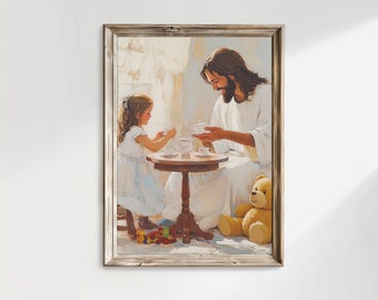 Tea Party with Jesus Child Jesus Painting Christ with Little Girl Painting Digital Download Jesus with Girl Picture LDS Art Christian