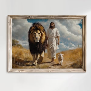 Leone e l'Agnello, Re dei Re, Gesù Cristo che cammina con il Leone e l'Agnello Storia della Bibbia Scrittura LDS Gesù Arte Minimalista Arte Minimalista