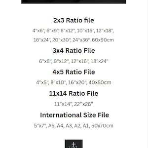 May include: Printable sizes chart for digital files. The chart lists different aspect ratios and corresponding sizes in inches and centimeters. The ratios include 2x3, 3x4, 4x5, 11x14, and international sizes like A5, A4, A3, A2, and A1.