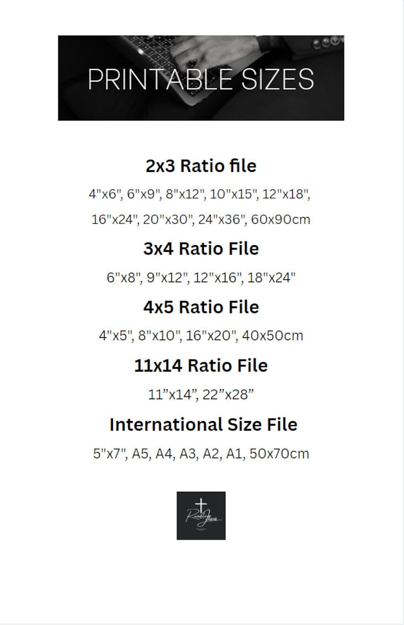 May include: Printable sizes chart for digital files. The chart lists different aspect ratios and corresponding sizes in inches and centimeters. The ratios include 2x3, 3x4, 4x5, 11x14, and international sizes like A5, A4, A3, A2, and A1.