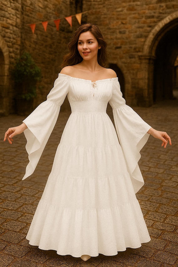 Medieval Off Shoulder Dress, Renaissance Peasant Gown, Vintage Fairy Cottagecore Dress, Boho Witch Cosplay Outfit, Ren Faire Halloween Dress Medieval Off Shoulder Dress, Renaissance Peasant Gown, Vintage Fairy Cottagecore Dress, Boho Witch Cosplay Outfit, Ren Faire Halloween Dress
