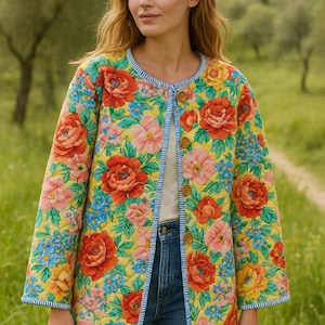 May include: A quilted jacket with a vibrant floral pattern featuring red, pink, and blue flowers on a yellow background. The jacket has a blue and white striped trim and wooden buttons. The jacket is worn over a white top and blue jeans.
