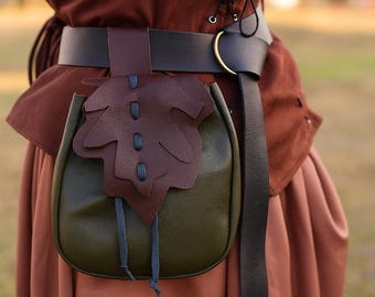 Elven Leaf Belt Bag, Medieval Viking Leather Belt Pouch, Ren Faire Steampunk Waist Bag, Fantasy Cosplay Pirate Waist Belt Accessory for LARP