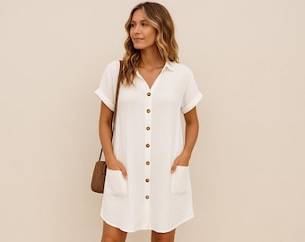 Women's Linen Shirt Dress, Casual Collared Down Summer Dress, Loose Fit Short Sleeve Dress With Pockets, Casual Button up Linen Shirt Dress - Etsy Women's Linen Shirt Dress, Casual Collared Down Summer Dress, Loose Fit Short Sleeve Dress With Pockets, Casual Button up Linen Shirt Dress - Etsy