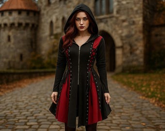 Halloween Gothic Hooded Dress, Renaissance Witch Costume Dress, Medieval Vampire Dress, Pirate Viking Gothic Gown, Witchy Ren Faire Outfit
