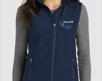 Embroidered Custom Name Nurse Jacket, Personalized Rn Nurse Soft Shell Vest, Vintage Heart Stethoscope, Comfy Ladies Medical Student Gift