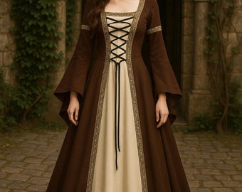Medieval Renaissance Dress for Women, Vintage Long Sleeve Viking Gown, Ren Faire Medieval Larp Dress, Renaissance Elven Lace-Up Cosplay Gown