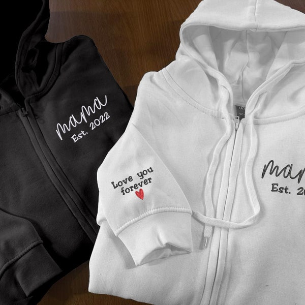 Embroidered Mama Hoodie, Custom Text And Heart On Sleeve Zip Up Jumper, Personalized Est Date Mom Hoody, Mothers Day Gifts For Grandmother