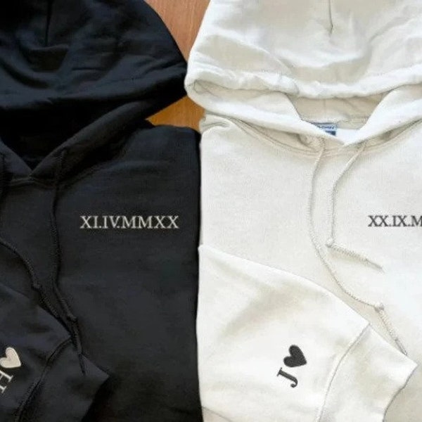 Custom Embroidered Couple Hoodies, Personalized Roman Numerals Matching Initials Hoody, Gf Bf Valentine's Day Unisex Jumpers, Gifts for Him