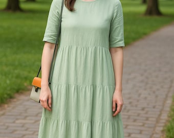 Round Neck Linen Midi Dress, Loose Fitting Plus Size Dress, Elegant Summer Womens Dress, Casual Cotton Linen Dress, Boho Dress for Women's