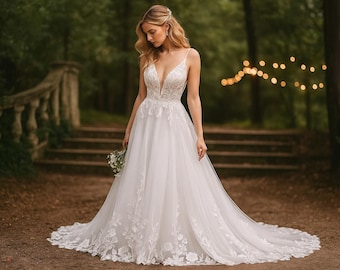 Romantisches Brautkleid aus Spitze mit Schleppe, Brautkleid mit tiefer V-Ausschnitt, Tüll Brautkleid, Boho Brautkleid mit Applikation, Elegantes Brautkleid, Floral Brautkleid