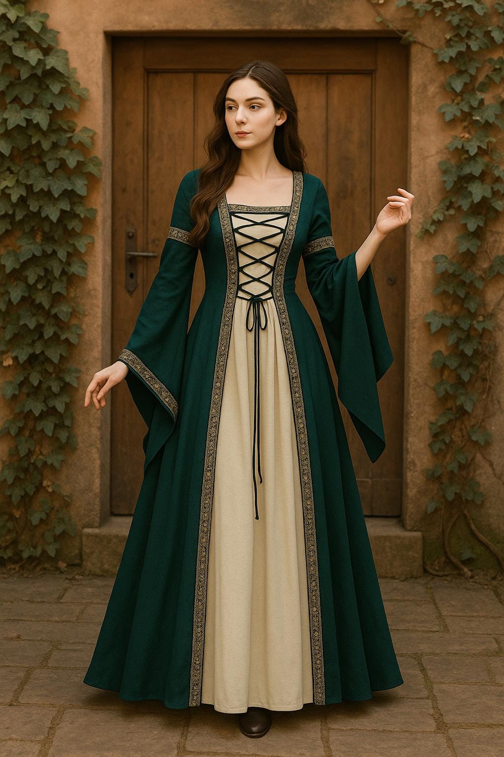 Medieval Renaissance Dress for Women, Long Sleeve Viking Gown Dress, Lace-Up Elven Costume, Ren Faire LARP Dress, Vintage Cosplay Witch Gown