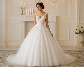 Elegant Lace Ball Gown Wedding Dress, Sleeveless Bridal Gown with Tulle Skirt, Princess Wedding Dress, Classic Bride Dress, Lace Bridal Gown