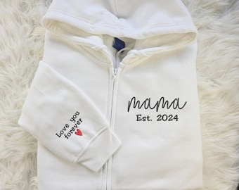 Embroidered Mama Hoodie, Custom Text And Heart On Sleeve Zip Up Jumper, Personalized Est Date Mom Hoody, Mothers Day Gifts For Grandmother