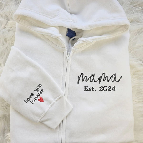 Embroidered Mama Hoodie, Custom Text And Heart On Sleeve Zip Up Jumper, Personalized Est Date Mom Hoody, Mothers Day Gifts For Grandmother