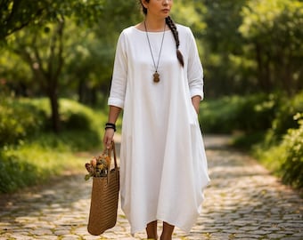 Loose Linen Midi Dress for Womens, Minimalist Kaftan Dress with Pockets, Casual Ankle Length Boho Summer Outfit, Oversized Long Sleeve Dress