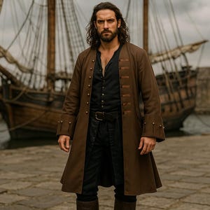 May include: A man in a brown coat and black outfit stands on a stone dock. A wooden sailing ship is in the background. The coat has multiple buttons and a belt. The man has long, dark hair and a serious expression.