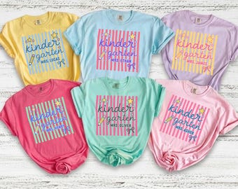 Custom Teacher Name Kindergarten Shirt, Comfort Colors First Grade T-Shirt, Retro Stripe Elementary Teacher Shirt, Back to School Gift