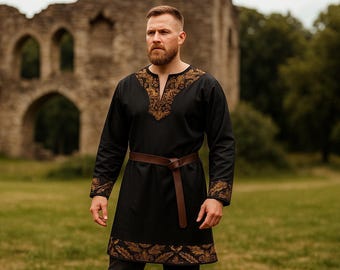 Medieval Viking Tunic for Men's, Renaissance Knight Shirt, LARP Norse Warrior Costume, Retro Embroidered Long Sleeve Robe, Ren Faire Outfit