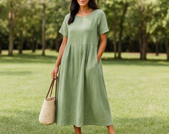 Linen Midi Dress for Womens, Short Sleeve Summer Dress with Pockets, Casual Loose Fit Sundress, Minimalist Boho Outfit, Vacation Beach Dress