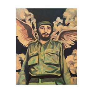 May include: An oil painting of a man in a green military-style uniform and cap, with a dark beard and mustache. The background features stylized, cloud-like shapes in shades of brown and tan, with a dark black backdrop.