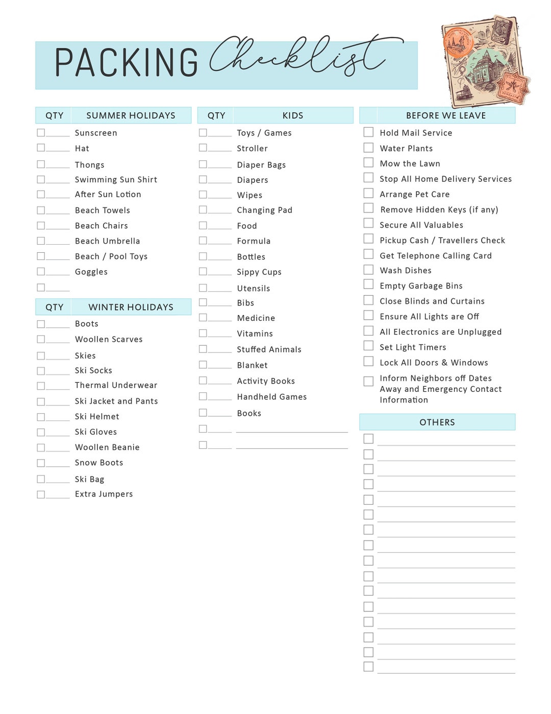 Customizable Travel Packing Checklist Printable Travel Planner for ...