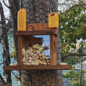 Pine Wood Squirrel Feeder Designed for Corn and Peanuts Easy Fill Feature and  Removable Front Panel Suitable for Outdoor Use