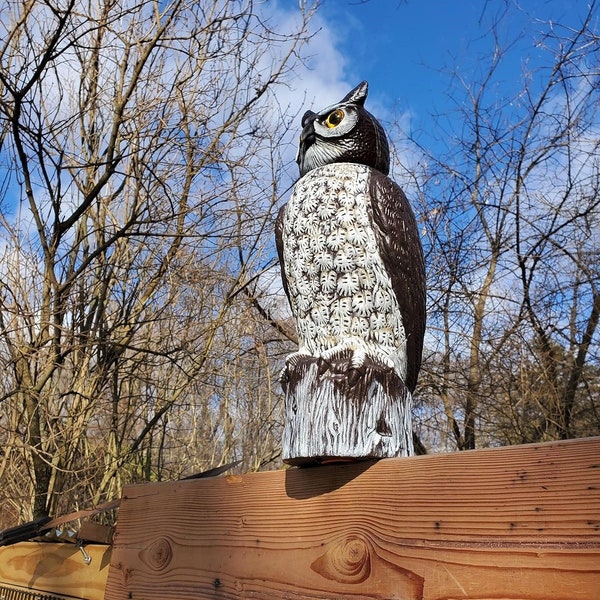 Ultra Realistic Owl Scarecrow 360-degree Rotating Head Fake Owl Decoy to Scare Birds Away from Gardens Rooftops and Patios 18" H