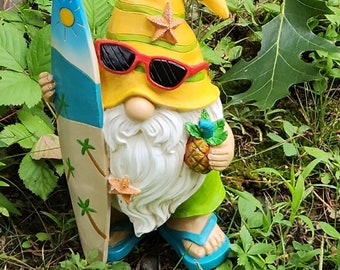 Outdoor Statues Garden Gnome Surfer Gnome with Sunglassess Figurine House Decor Fairy Garden Display Adorable Funny Lawn Statue 9.1" Tall