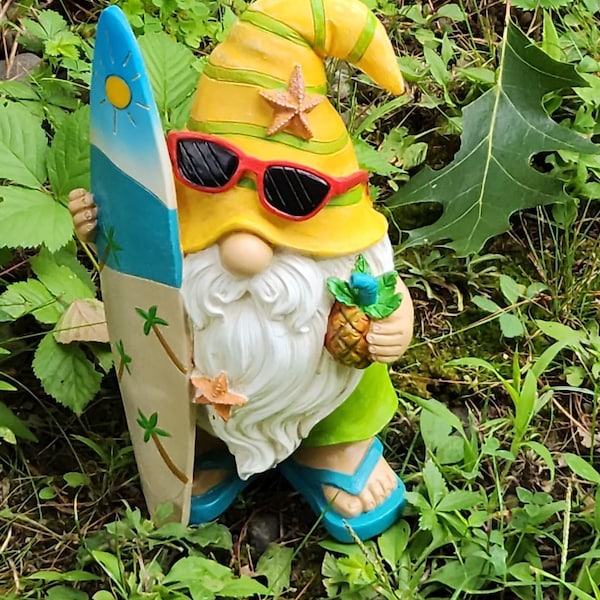 Outdoor Statues Garden Gnome Surfer Gnome with Sunglassess Figurine House Decor Fairy Garden Display Adorable Funny Lawn Statue 9.1" Tall
