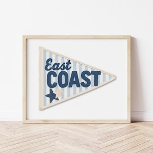 East Coast Pennant Digital Print – Cream & Blue Coastal Decor for Dorm Room, Apartment, or Beach House – Instant Download
