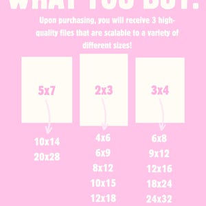 May include: A pink graphic with the text "WHAT YOU BUY:" and a description of the different sizes of digital files available for purchase. The sizes are listed in inches, such as 5x7, 10x14, 20x28, 4x6, 6x9, 8x12, 10x15, 12x18, 20x30, 24x36, 6x8, 9x12, 12x16, 18x24, 24x32.