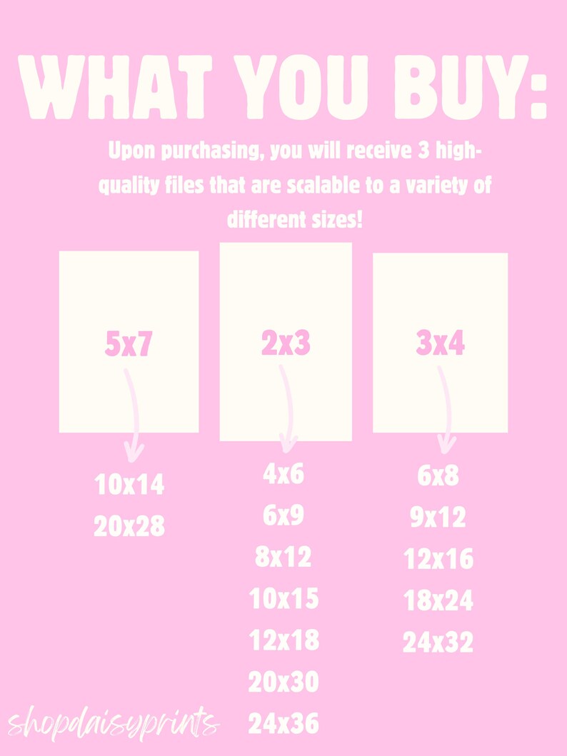 May include: A pink graphic with the text "WHAT YOU BUY:" and a description of the different sizes of digital files available for purchase. The sizes are listed in inches, such as 5x7, 10x14, 20x28, 4x6, 6x9, 8x12, 10x15, 12x18, 20x30, 24x36, 6x8, 9x12, 12x16, 18x24, 24x32.
