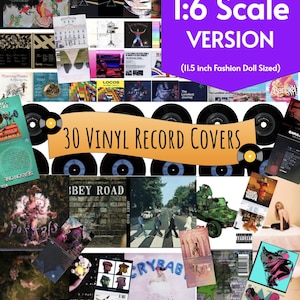 May include: A collection of 30 miniature 1:6 scale vinyl record covers designed for 11.5 inch fashion dolls. The assortment features various album artwork, including iconic music imagery, band photography, and graphic designs in a collage layout.