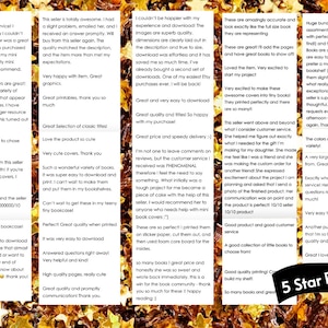 May include: A collection of customer reviews displayed in five vertical columns against a background of gold star-shaped confetti. The text consists of multiple positive testimonials regarding printable mini book covers, with a black banner in the bottom right corner featuring the white text 5 Star Reviews.