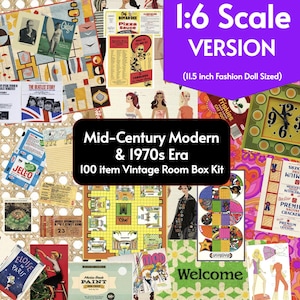 May include: A collection of miniature vintage items, including advertisements, food packaging, and a board game, arranged on a woven surface. The set is labeled "Mid-Century Modern & 1970s Era" and is designed for a 1:6 scale dollhouse, approximately 11.5 inches.