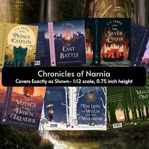 May include: A collection of miniature book covers for The Chronicles of Narnia by C.S. Lewis, including Prince Caspian, The Last Battle, The Silver Chair, The Horse and His Boy, The Voyage of the Dawn Treader, The Lion, the Witch and the Wardrobe, and The Magician's Nephew. Each cover is 1:12 scale with a 0.75 inch height.
