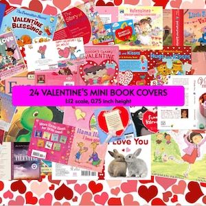 24 Valentine&#39;s Day Mini Book Covers- Holiday Tiny Books for Anxiety Bookshelf, Book Nook, Dollhouse Miniature Bookshelves, 0.75 inch high