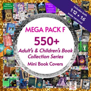 May include: A collection of over 550 miniature book covers for adult and children's series, featuring a central circular graphic with the text MEGA PACK F 550+ Adult's & Children's Book Collection Series Mini Book Covers and a corner banner.