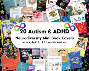 20 Autism ADHD Mini Book Covers, 1:12 Dollhouse Scale Neurodivergence Tiny Autistic