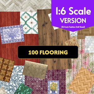 May include: A collection of 100 flooring samples for 1:6 scale dolls. The samples feature wood, tile, and patterned designs in various colours. The text "1:6 Scale Version" and "100 Flooring" are visible.