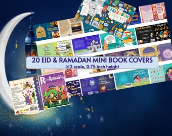 20 Muslim Eid & Ramadan Mini Book Covers- Holiday Tiny Books for Anxiety Bookshelf, Book Nook, Dollhouse Miniature Bookshelves