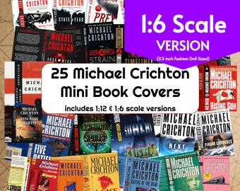 25 Michael Crichton Mini Book Covers, Jurassic Park, 1:6 Fashion Doll Scale, PDF Printable