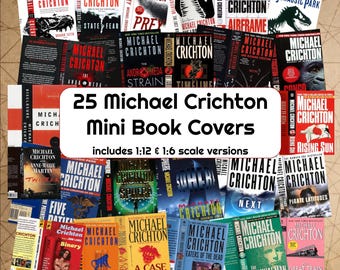 25 Michael Crichton Mini Book Covers, Jurassic Park, 1:12 Dollhouse Scale, PDF Printable